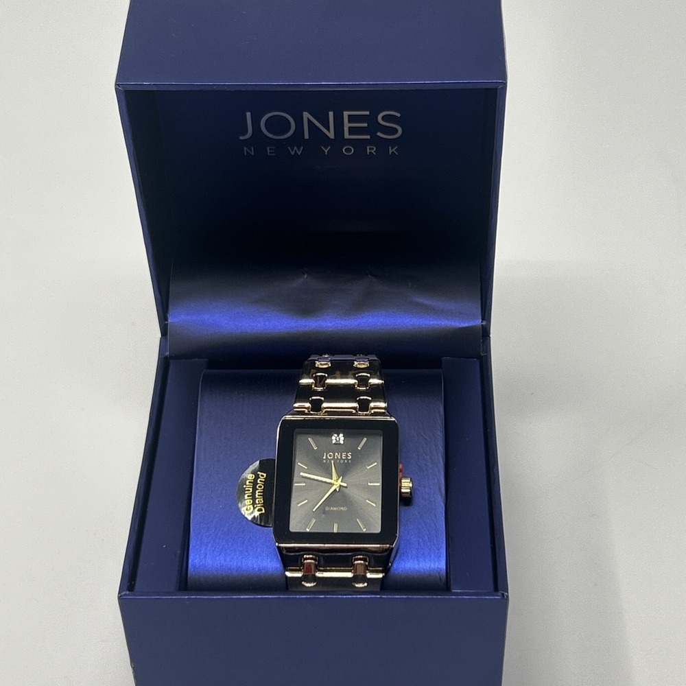NIB Jones New York Men's Watch Gold Band Black Face Genuine Diamond